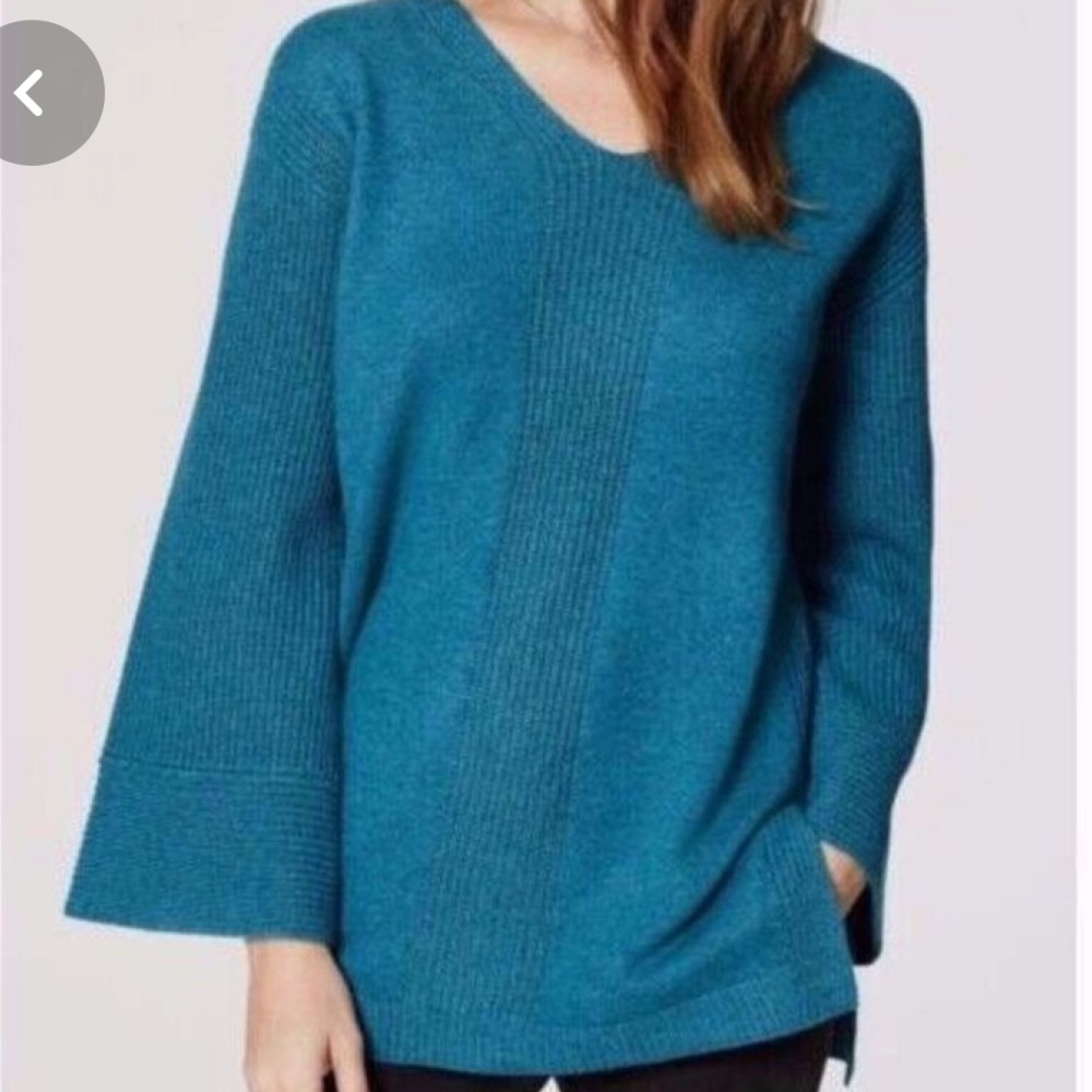 LOFT Turquoise V-Neck Long Bell Sleeve Sweater